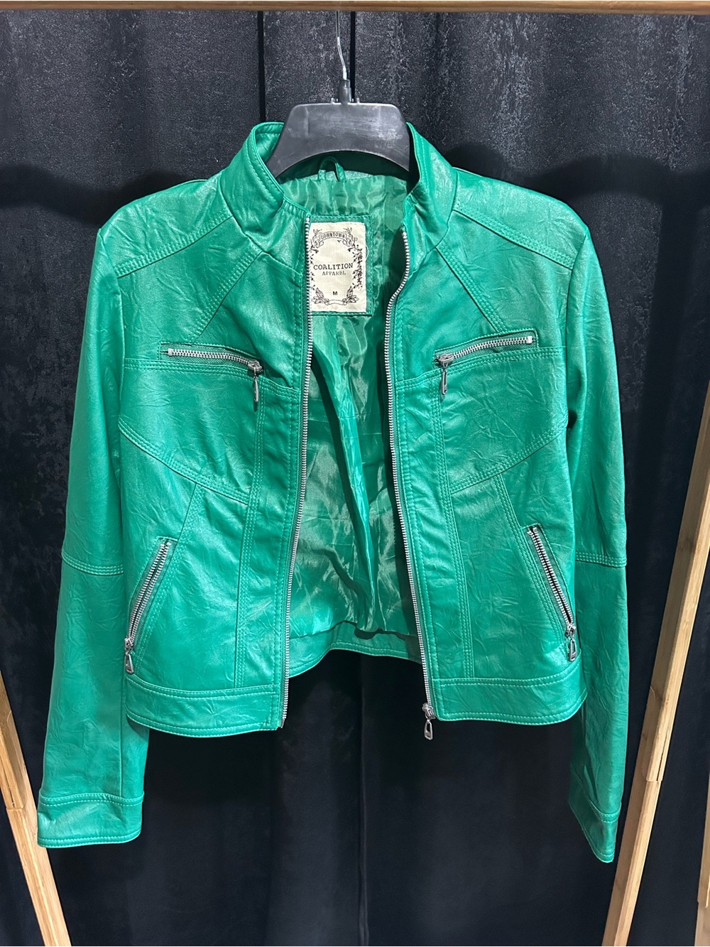 Green Faux Leather Moto Jacket - Women's